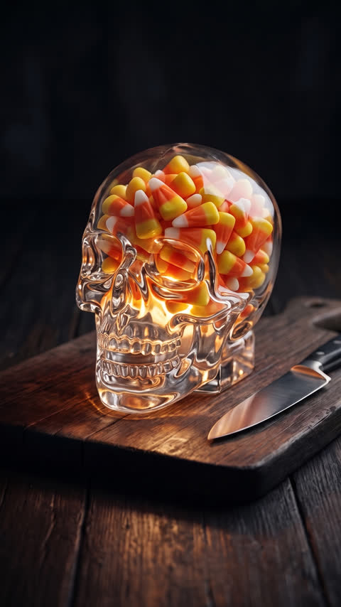 A glass skull full of candy corn