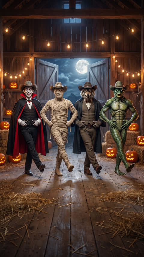 Monsters line dancing in a haunted barn