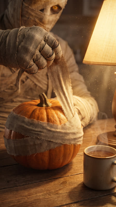 A mummy wrapping a pumpkin in bandages