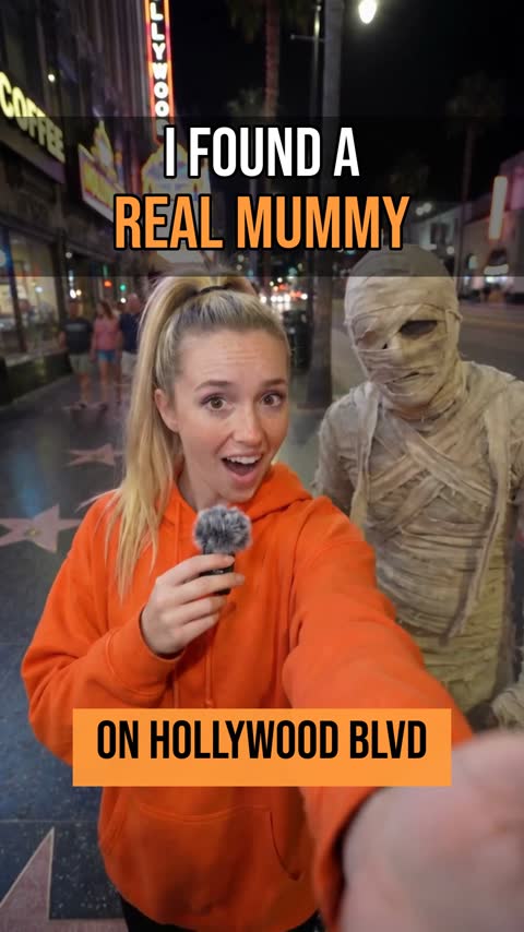 Influencer interviewing a mummy on Hollywood Blvd